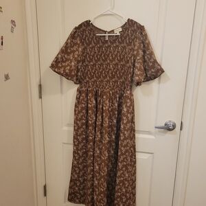 orange creek Brown Smocked Floral Midi Dress